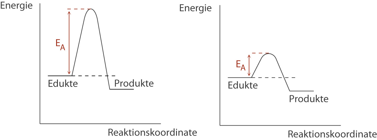 Diagramm zeigt Energieverläufe von Reaktionen mit Edukten und Produkten sowie Aktivierungsenergie (EA).