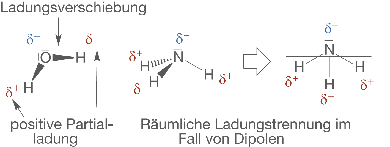 Schematische Darstellung von Ladungsverschiebungen und Dipolen in Molekülen.