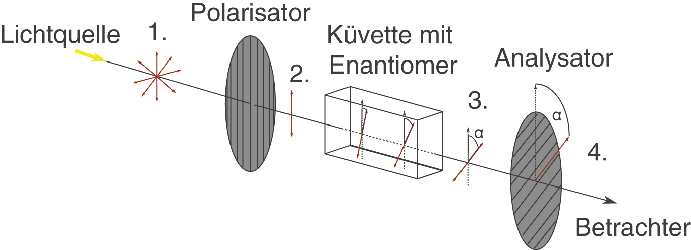 Diagramm mit Lichtquellen und optischen Geräten wie Polarimeter und Analysator.