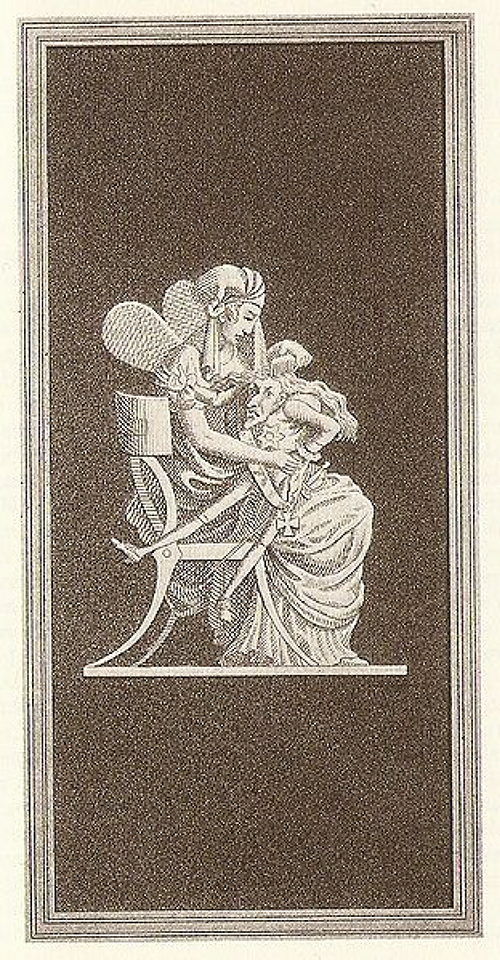Zwei Frauen in historischer Kleidung interagieren in einem künstlerischen Rahmen.