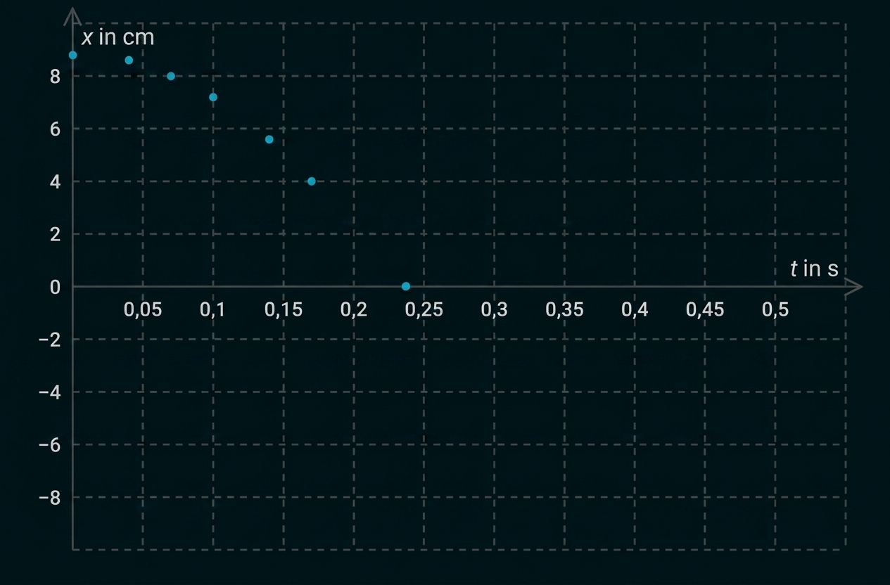 Streudiagramm mit fallenden Messpunkten zu x in cm und t in s.
