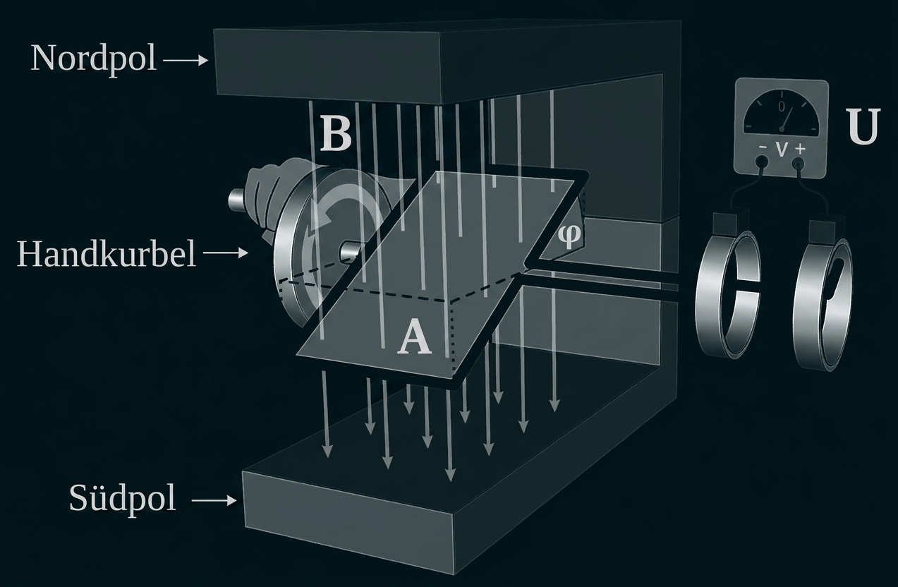 Schema einer elektrischen Handkurbel im Magnetfeld mit Nord- und Südpol