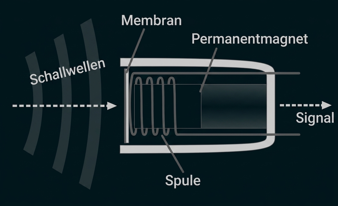 Diagramm eines Schallwandlers mit Membran, Permanentmagnet, Spule und Signalpfeilen.