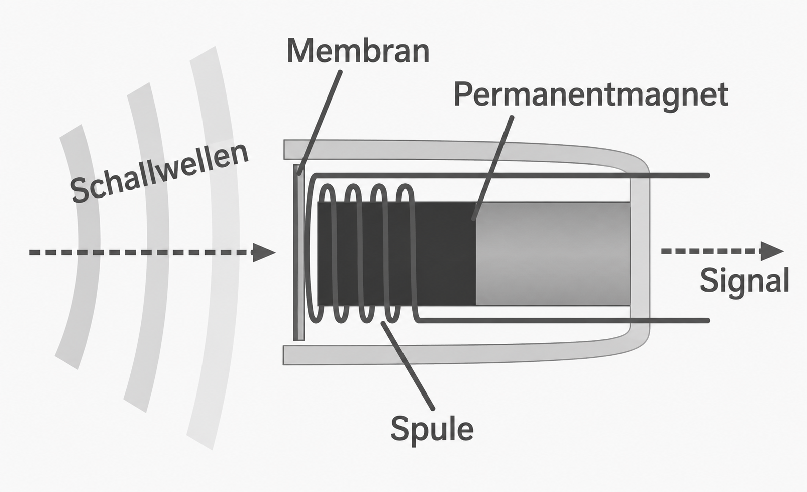 Diagramm eines Schallwandlers mit Membran, Permanentmagnet, Spule und Signalpfeilen.