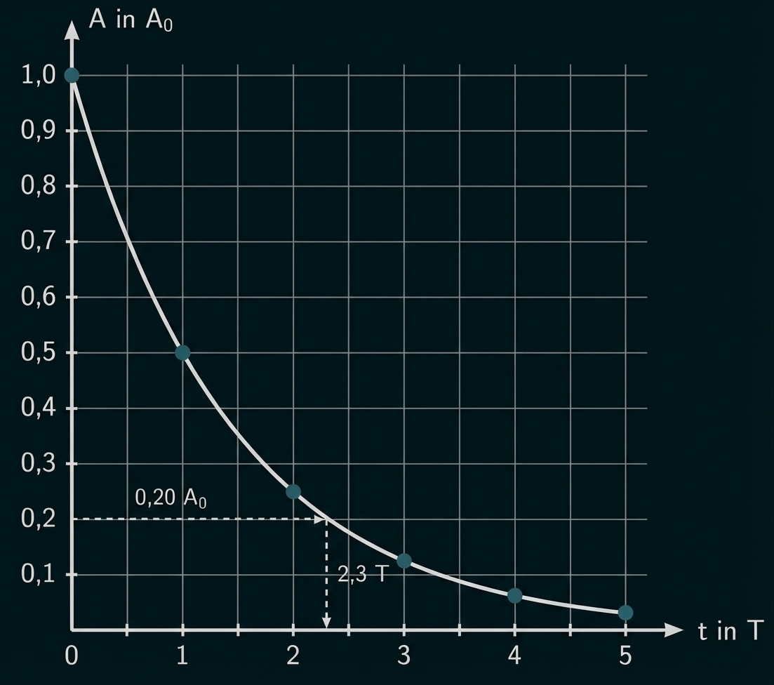 Graph: fallende Kurve auf Gitternetz mit markierten Punkten und Achsenbeschriftungen A in A0 und t in T
