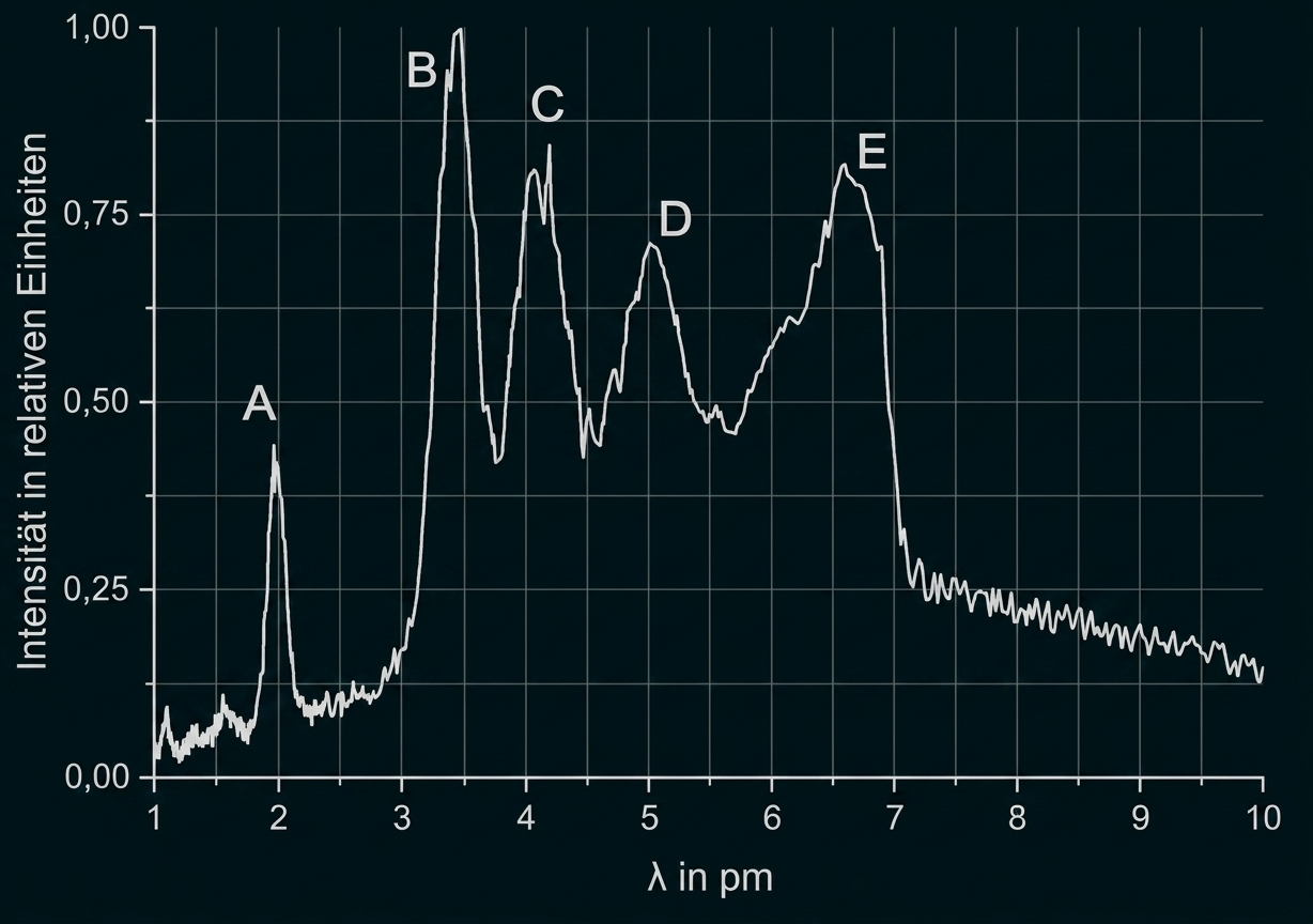 Röntgenbeugungsdiagramm mit Peaks A bis E und Intensität über Wellenlänge in pm