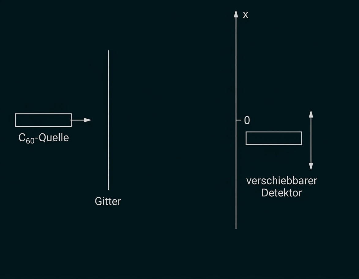 Schematische Darstellung: C60-Quelle links, Gitter in der Mitte, verschiebbarer Detektor rechts entlang der x-Achse.