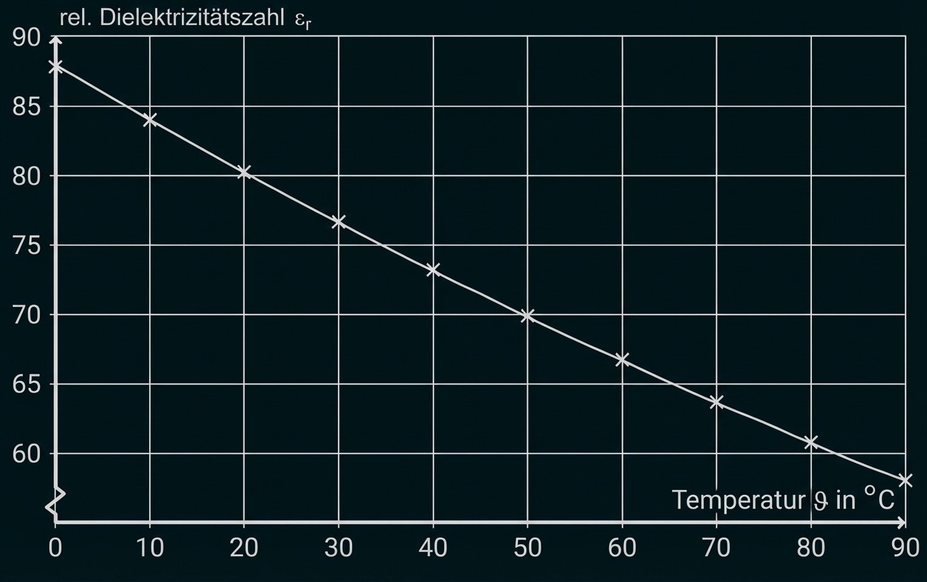 Liniendiagramm: relative Dielektrizitätszahl εr fällt etwa linear von ~88 bei 0 °C auf ~58 bei 90 °C.