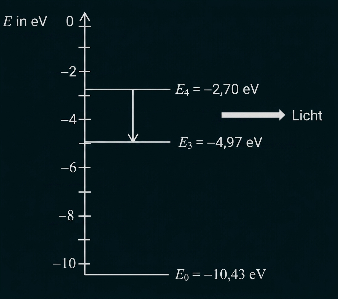 Energieleveldiagramm mit E4 = -2,70 eV, E3 = -4,97 eV, E0 = -10,43 eV und Pfeil für Lichtübergang.
