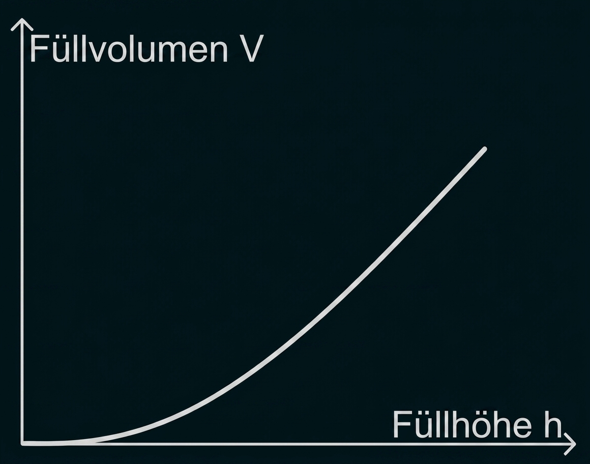 Einfaches Diagramm: steigende Kurve, y-Achse "Füllvolumen V", x-Achse "Füllhöhe h"