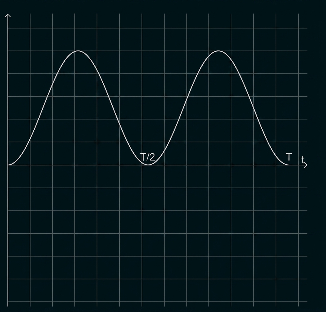Sinusförmiger Graph über der Zeitachse mit Markierungen T und T/2.