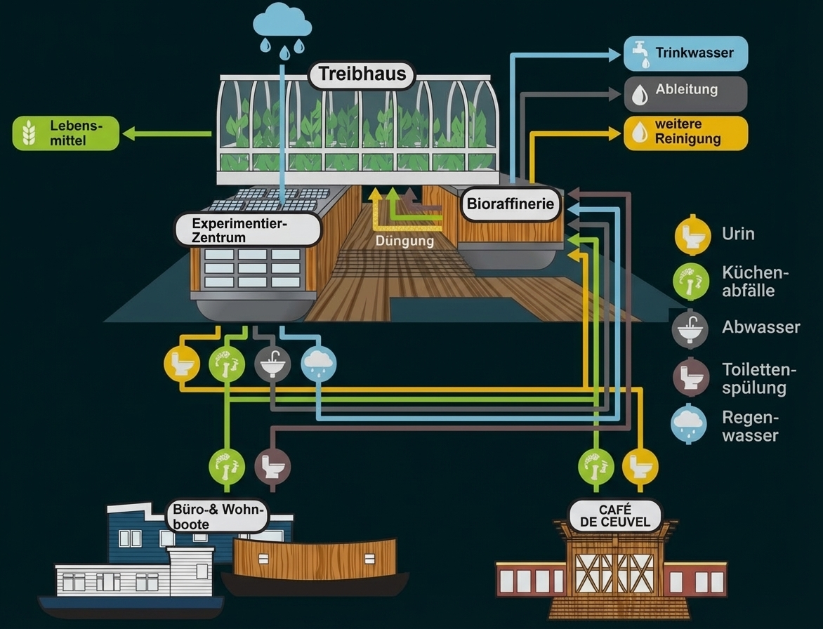 Schematische Grafik: Treibhaus, Bioraffinerie und Boote mit farbigen Leitungen für Urin, Küchenabfälle, Abwasser und Regenwasser.