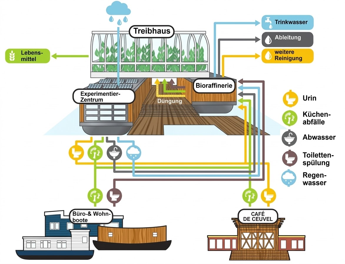 Schematische Grafik: Treibhaus, Bioraffinerie und Boote mit farbigen Leitungen für Urin, Küchenabfälle, Abwasser und Regenwasser.