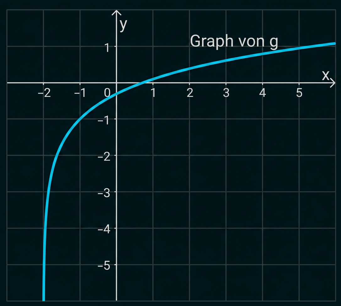 Graph der Funktion g in einem Koordinatensystem mit logarithmisch ansteigendem Kurvenverlauf.