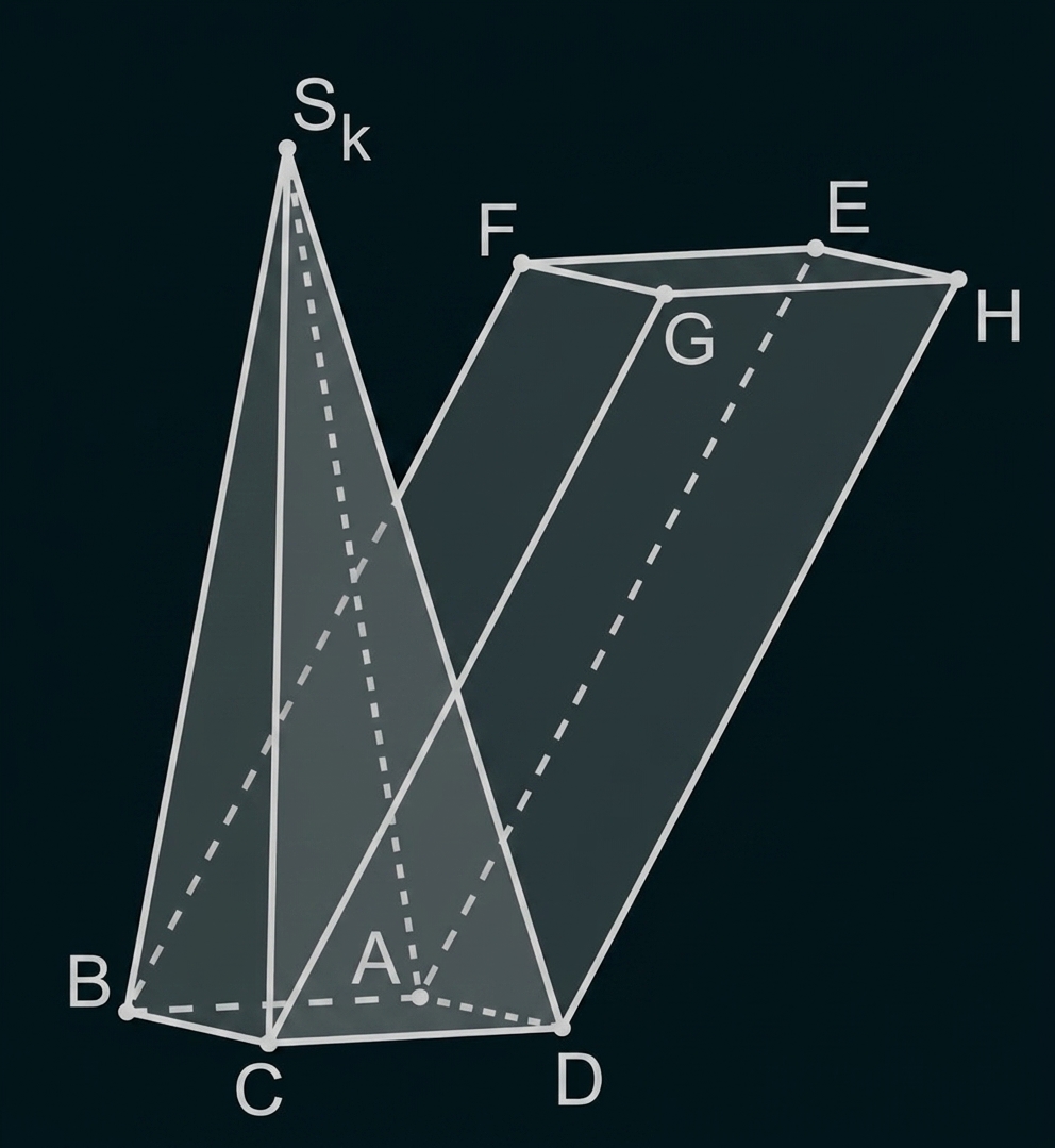 Grafik: Überlappende geometrische Körper (Pyramide mit Spitze S_k, schräges Prisma/Quader) mit Punkten A, B, C, D, E, F, G, H.
