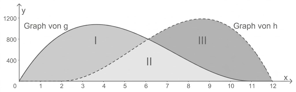 Zwei überlappende Kurven: voller Graph g und gestrichelter Graph h, drei schattierte Bereiche I, II, III.