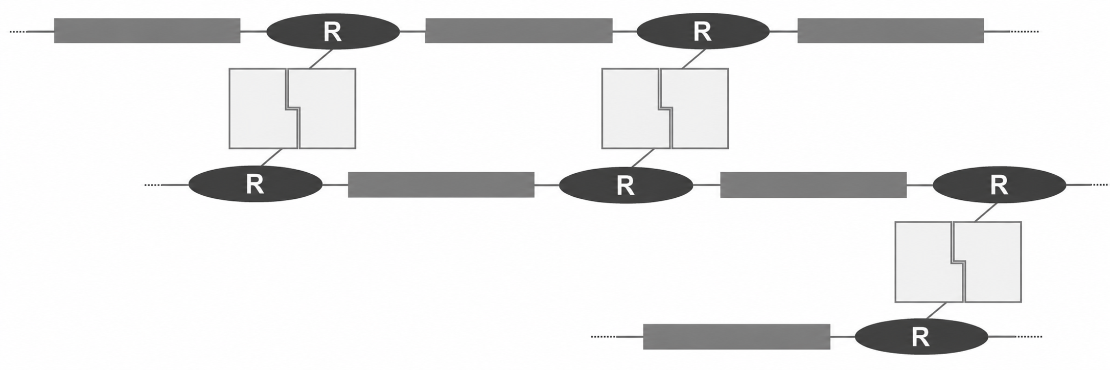 Schematische Darstellung einer DNA-Struktur mit markierten R-Gruppen.