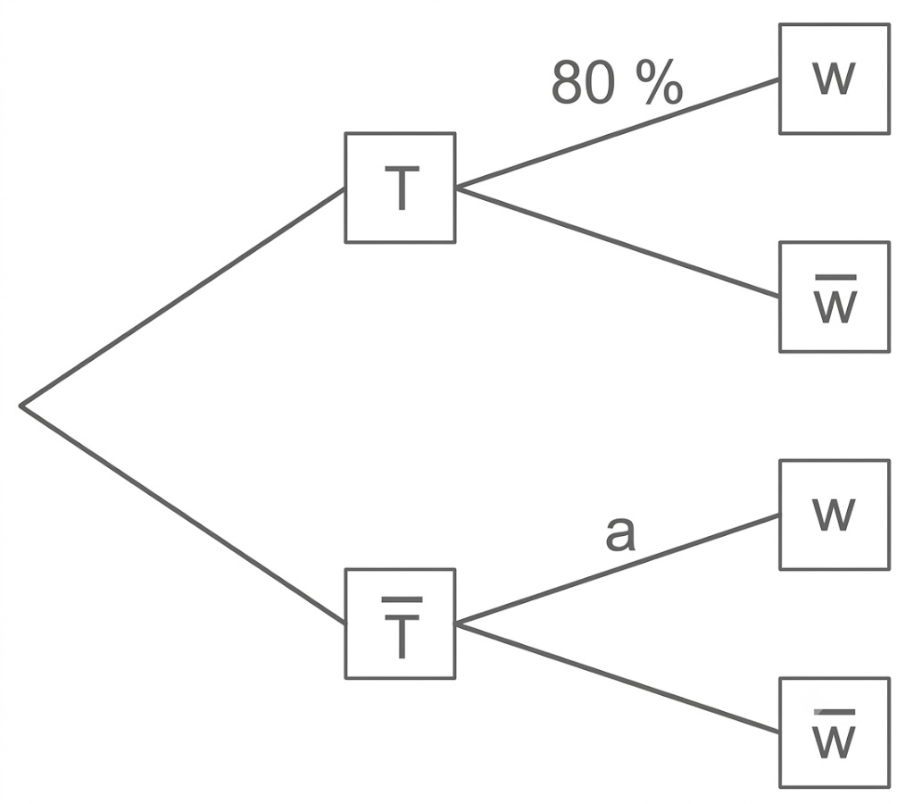 Baumdiagramm: Zweig für T und T̄ zu W bzw. W̄, oben 80%, unten a.
