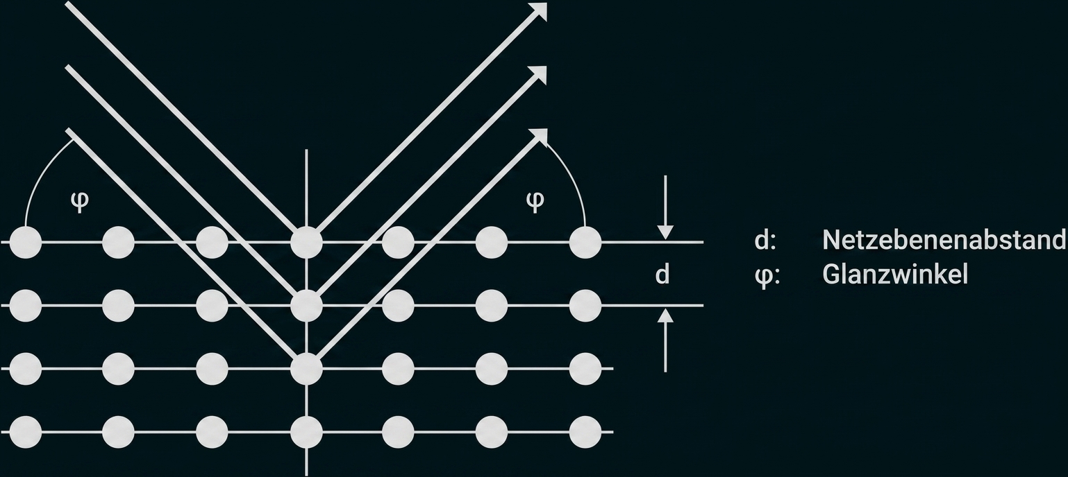 Schematische Darstellung von Wellen an parallelen Netzebenen mit Einfalls- und Reflexionswinkeln, Netzabstand d und Glanzwinkel φ