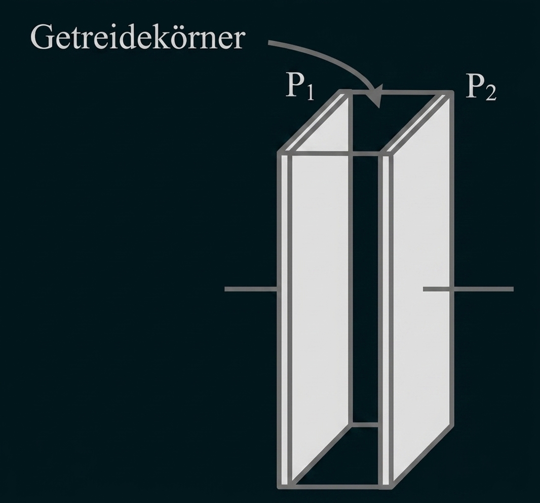 Skizze eines hohen rechteckigen Behälters mit offenem oberen Rand, Pfeil zu P1 und P2, Titel "Getreidekörner".
