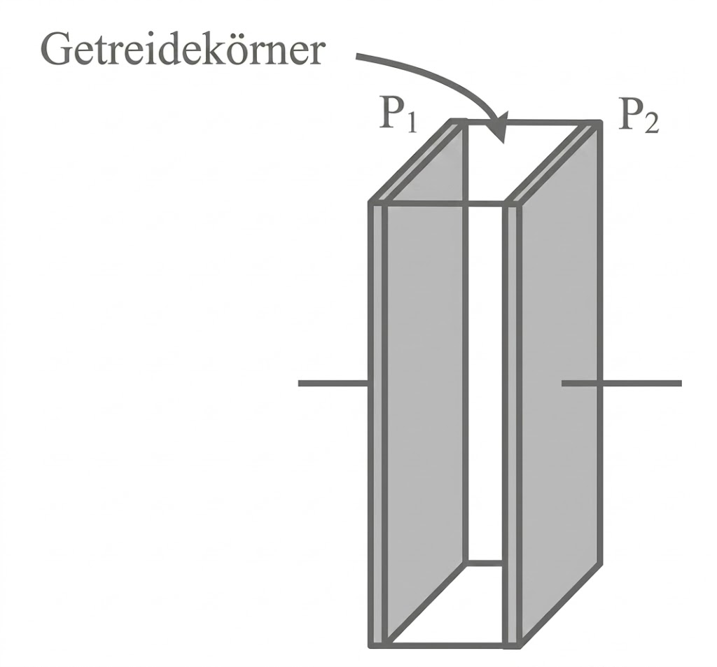 Skizze eines hohen rechteckigen Behälters mit offenem oberen Rand, Pfeil zu P1 und P2, Titel "Getreidekörner".