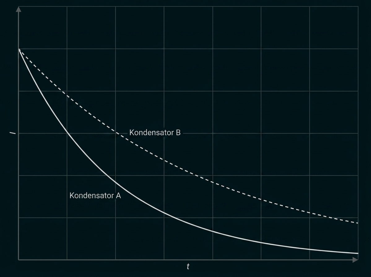 Diagramm: Zwei abklingende Kurven über der Zeit; durchgezogene Kurve 'Kondensator A', gestrichelt 'Kondensator B'.