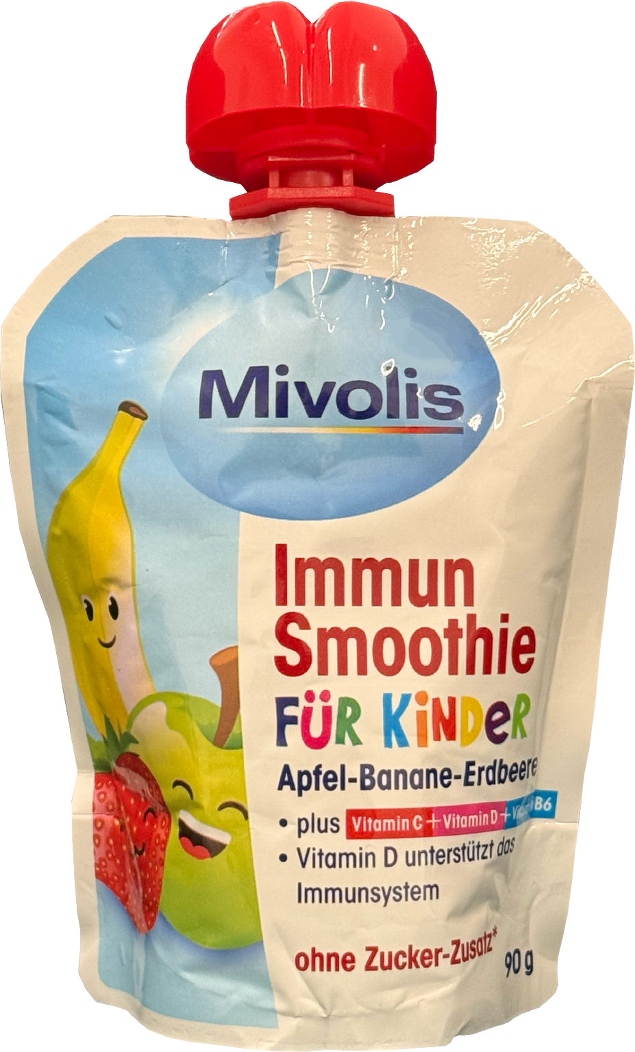 Packung eines Immun-Smoothies für Kinder mit Apfel, Banane und Erdbeere, ohne Zuckerzusatz.
