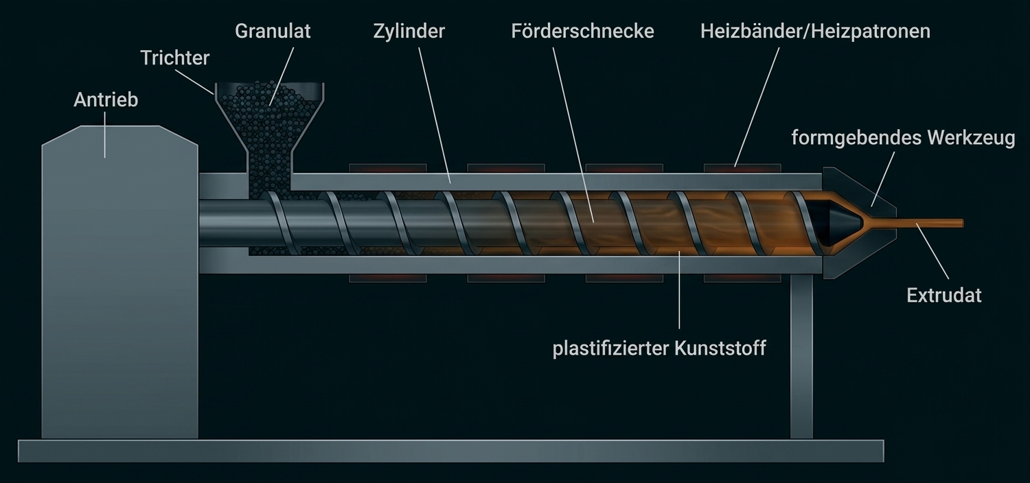Schematische Darstellung einer Kunststoff-Extrusionsmaschine mit beschrifteten Bauteilen.
