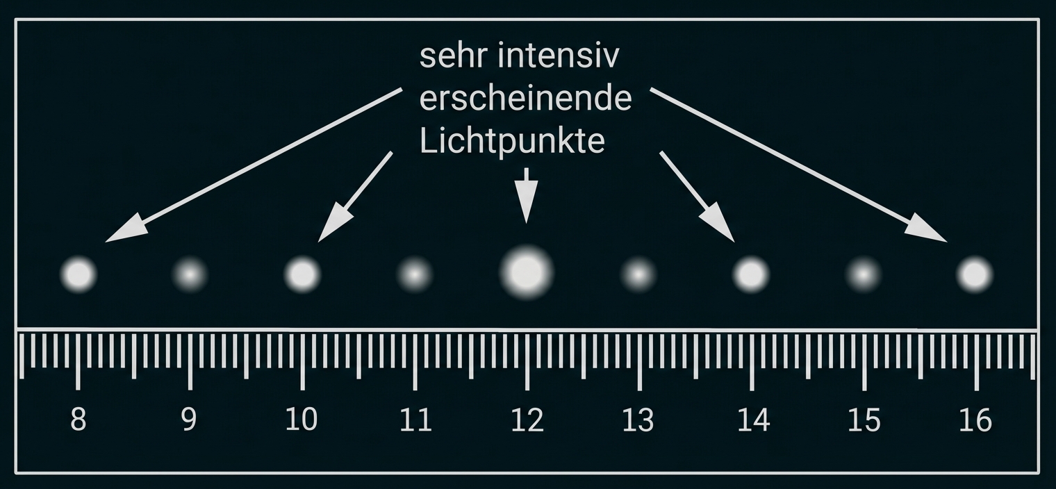 Lineal (Zahlen 8–16) mit darüber angeordneten Lichtpunkten unterschiedlicher Helligkeit und Pfeilen mit Beschriftung