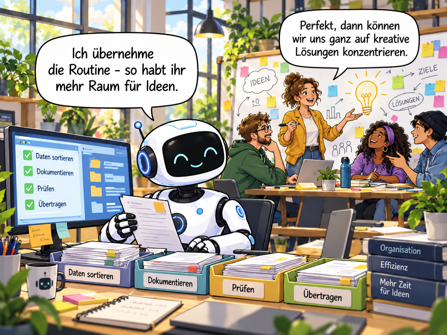 Ein Roboter übernimmt Routineaufgaben, während ein Team gemeinsam kreative Lösungen entwickelt.