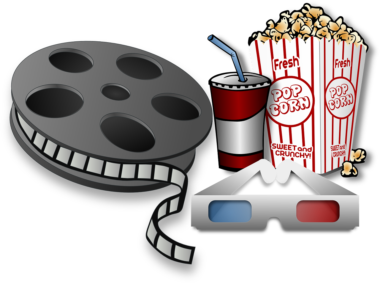 Filmrolle, Popcorn, Getränk und 3D-Brille in einer Illustration für Kinoerlebnis.