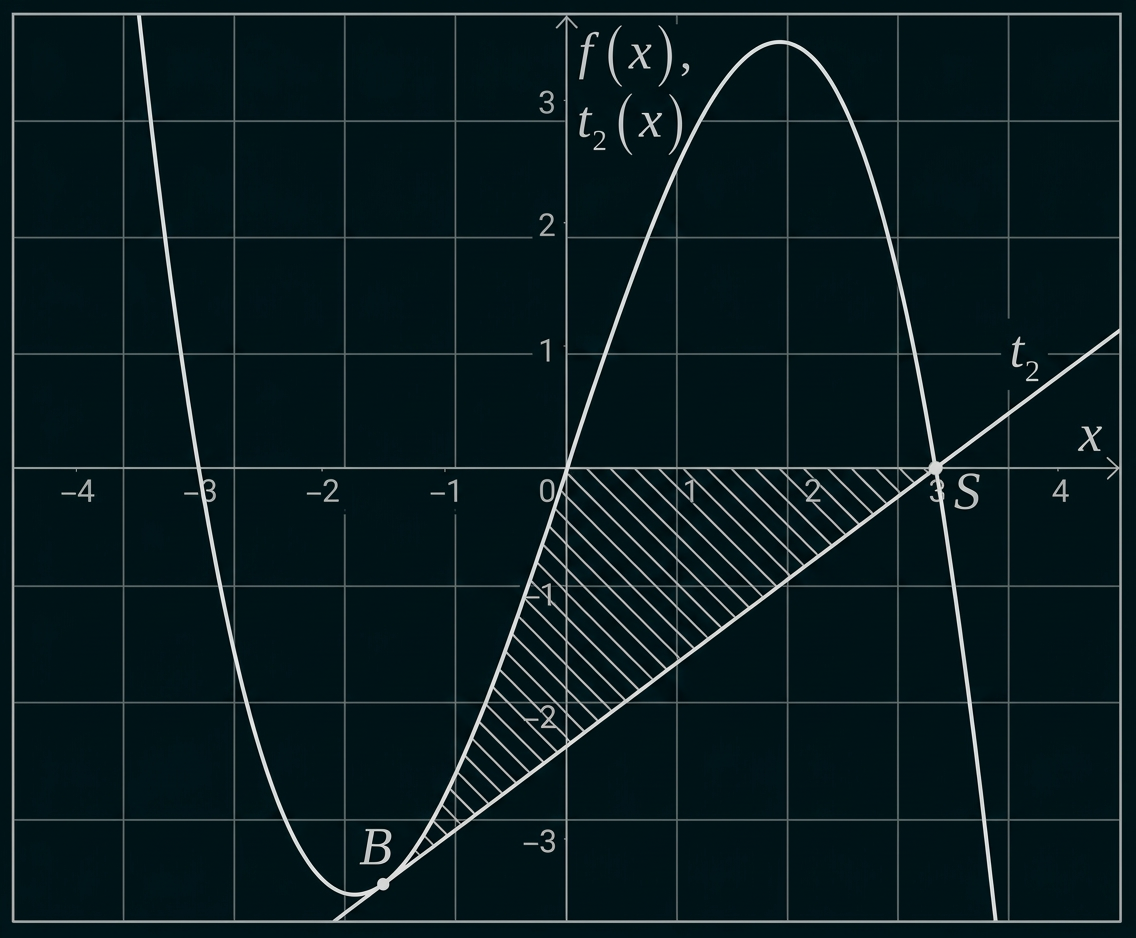 Koordinatensystem mit Graph einer Funktion und Tangente; eine Fläche zwischen beiden ist schraffiert.