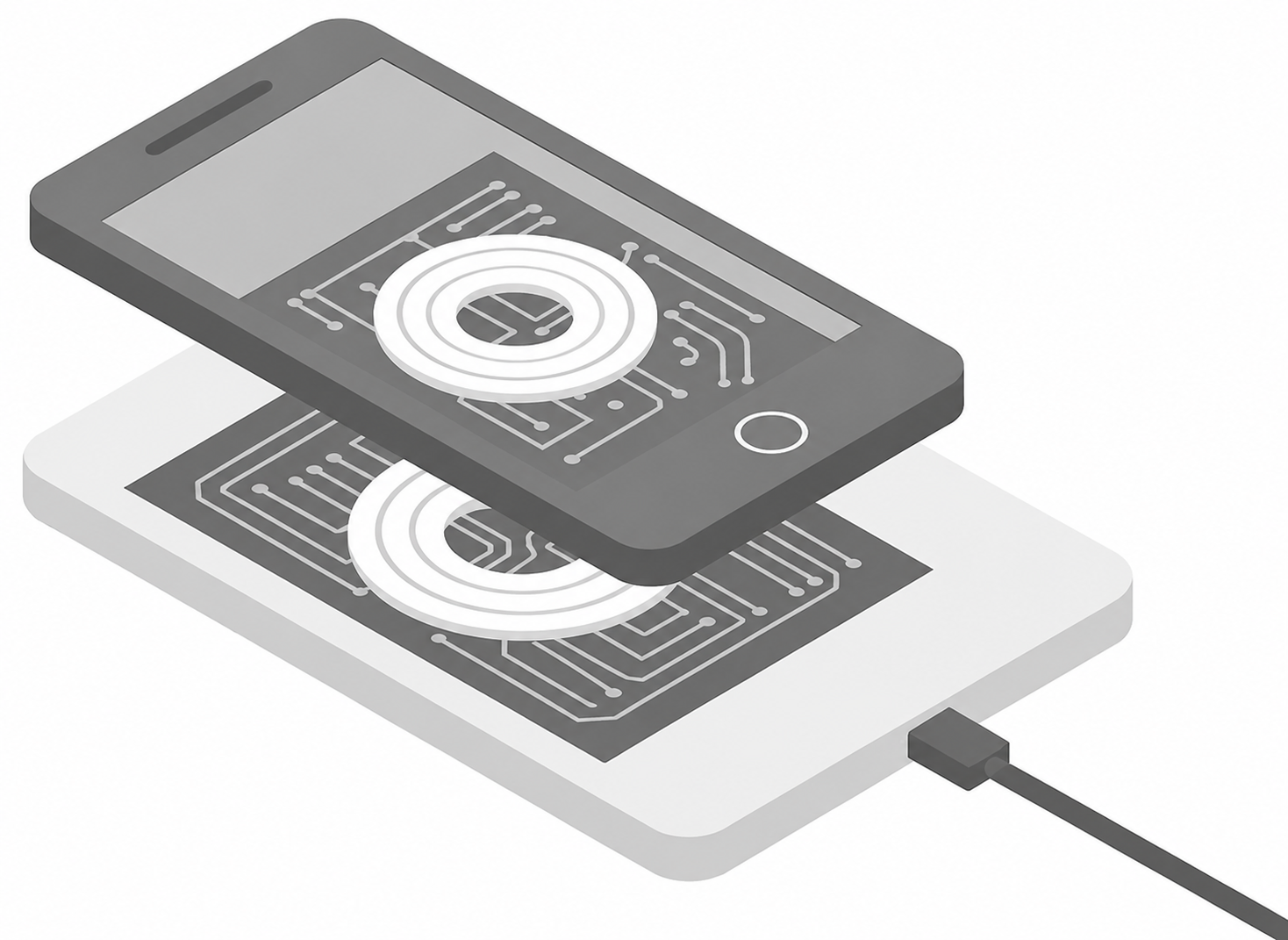 Zwei übereinandergelegte Smartphones mit sichtbaren Ladespulen und angeschlossenem Kabel.