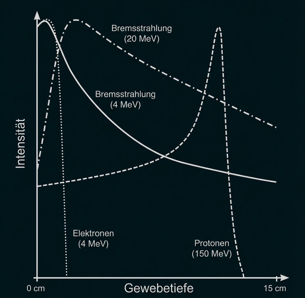 Diagramm: Intensität vs. Gewebetiefe, Kurven für Bremsstrahlung (4 & 20 MeV), Elektronen (4 MeV) und Protonen (150 MeV)