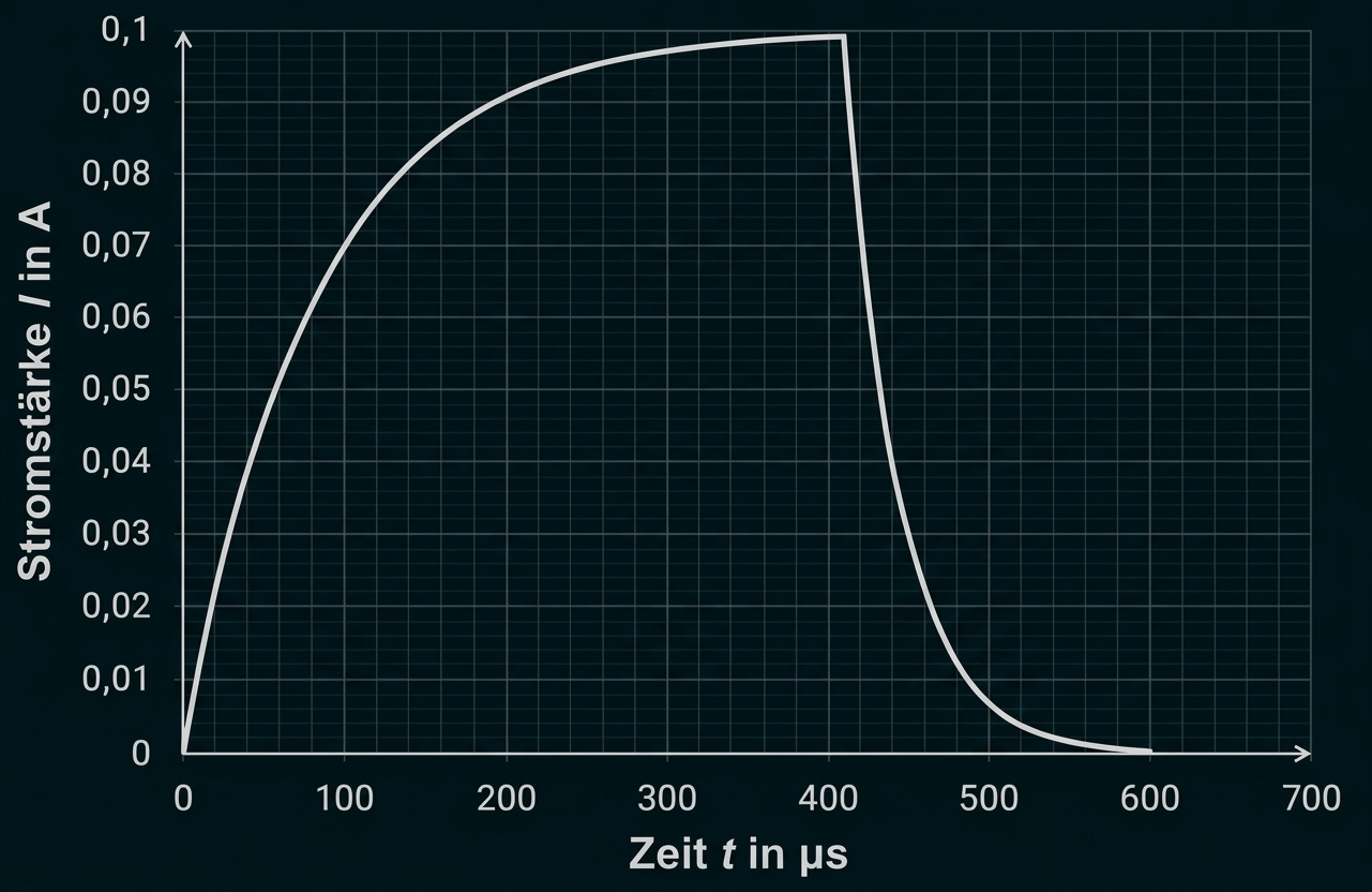 Diagramm: Stromstärke I gegen Zeit t (µs), Kurve steigt bis ~0,1 A bei ~400 µs, fällt danach schnell auf 0 bei ~600 µs