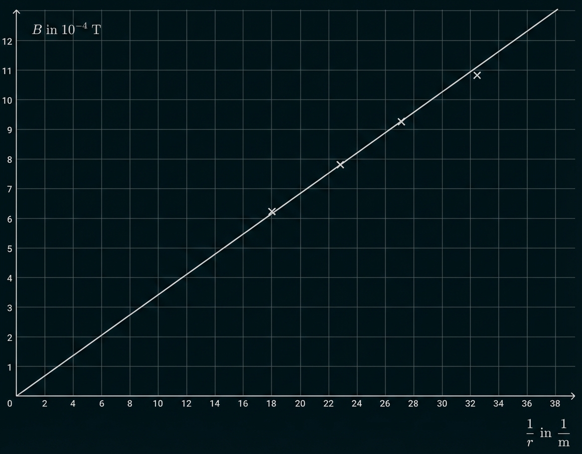 Liniendiagramm mit Messpunkten und Ausgleichslinie: B (in 10^-4 T) gegen 1/r (1/m)