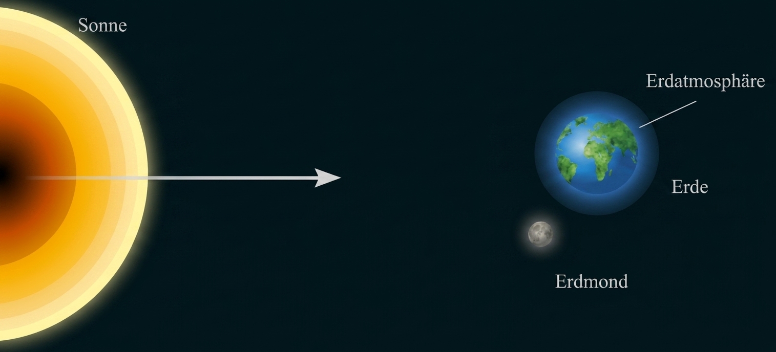 Schematische Darstellung: Sonne links, Pfeil zur Erde mit Atmosphäre und Erdmond.