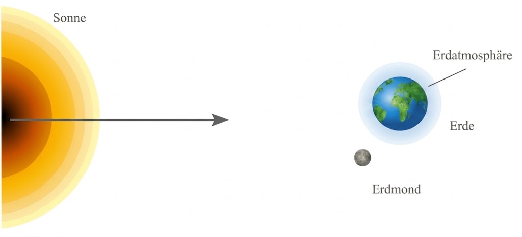 Schematische Darstellung: Sonne links, Pfeil zur Erde mit Atmosphäre und Erdmond.