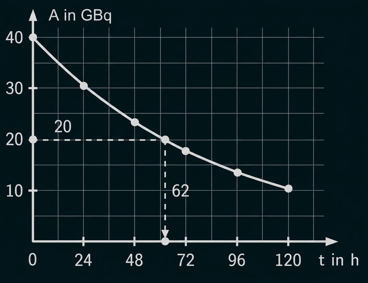 Diagramm mit Zerfallskurve: Aktivität A in GBq über Zeit t in Stunden.