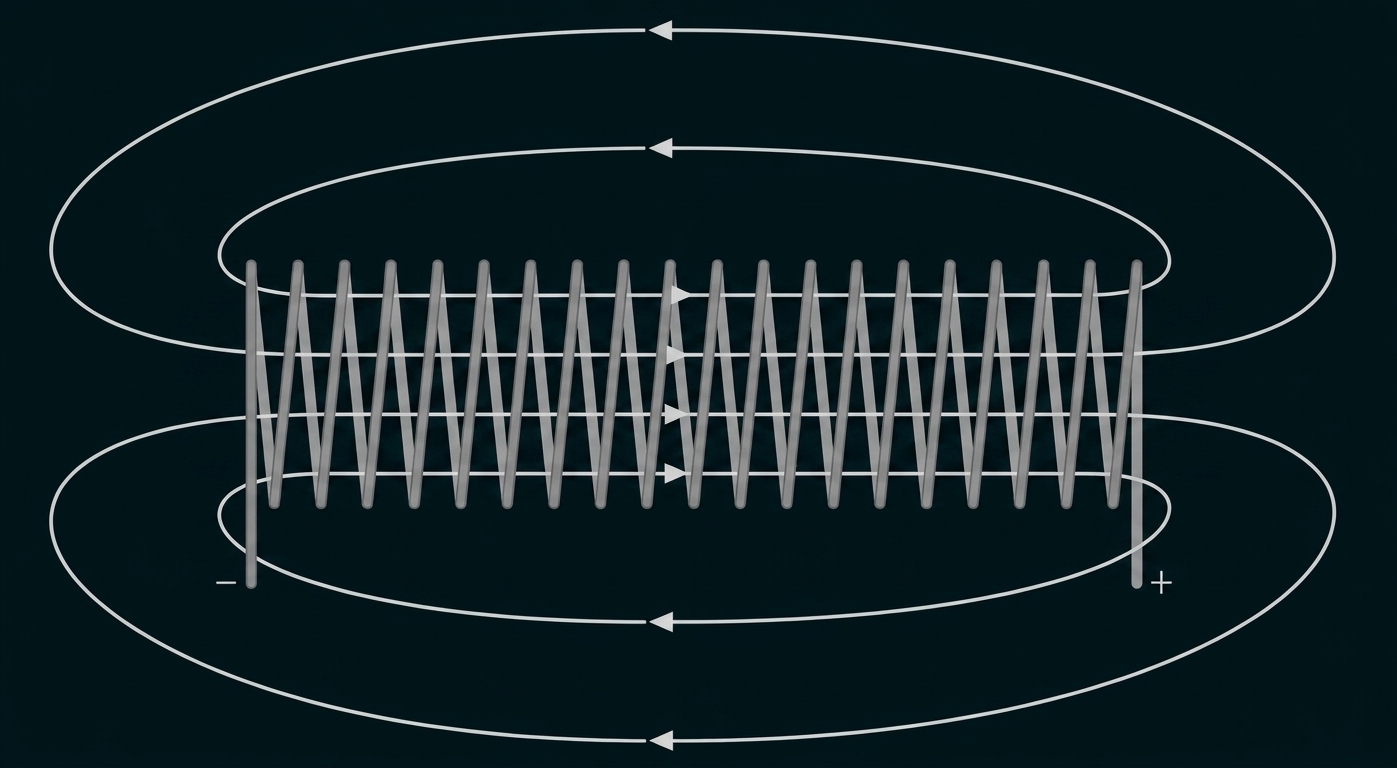 Diagramm: lange Spule mit vielen Windungen und umlaufenden Magnetfeldlinien
