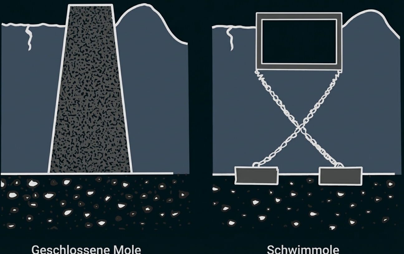 Zwei Skizzen: links geschlossene Mole, massives Erdwerk bis zum Meeresboden; rechts Schwimmole mit Schwimmkörper, gekreuzten Ketten und Grundankern.