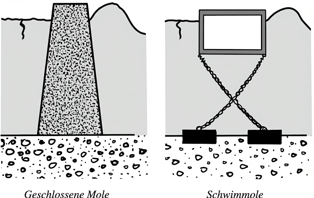 Zwei Skizzen: links geschlossene Mole, massives Erdwerk bis zum Meeresboden; rechts Schwimmole mit Schwimmkörper, gekreuzten Ketten und Grundankern.