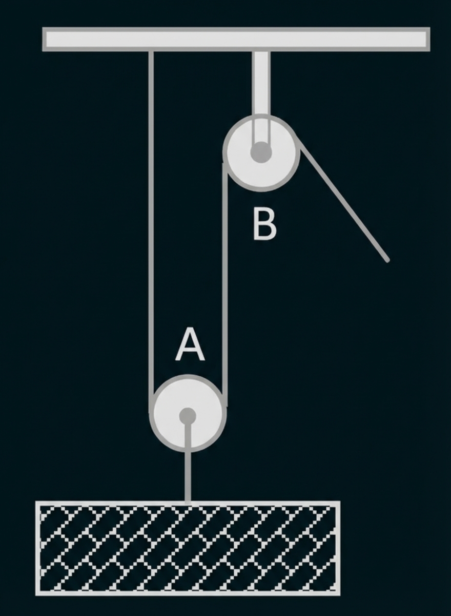 Flaschenzug mit zwei Rollen: bewegliche Rolle A am Gewicht, feste Rolle B an der Decke.