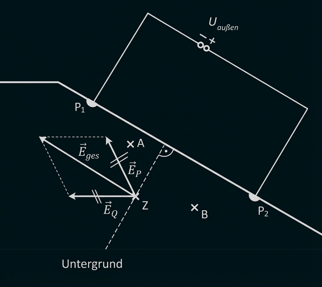 Schematische Zeichnung eines Leiters mit Punkten P1, P2 und Punkt Z, eingezeichneten Feldvektoren (E_p, E_q, E_ges) und 'Untergrund'