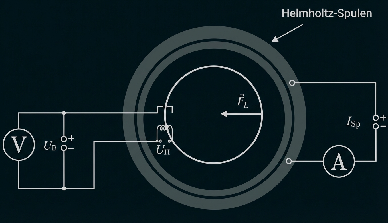Schematische Darstellung: Kreisförmige Probe in Helmholtz-Spulen mit Voltmeter, Amperemeter und Richtungspfeil