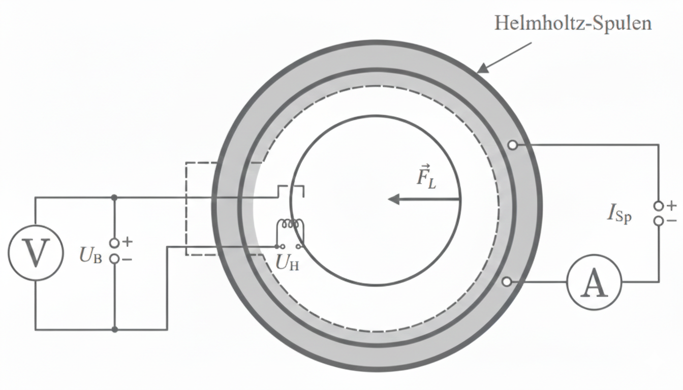 Schematische Darstellung: Kreisförmige Probe in Helmholtz-Spulen mit Voltmeter, Amperemeter und Richtungspfeil