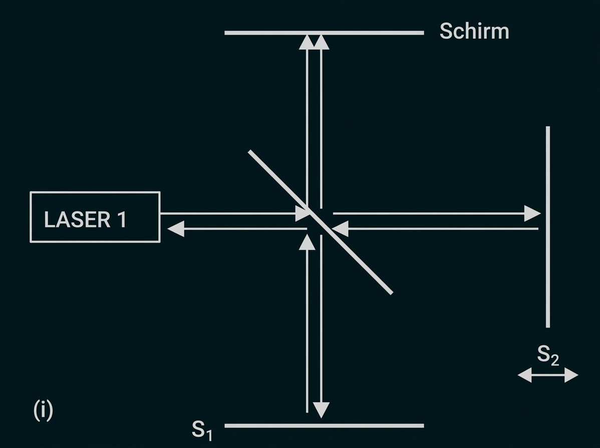 Skizze zur Reflexion von Laserlicht an einem halbdurchlässigen Spiegel mit den Schirmen S₁ und S₂.