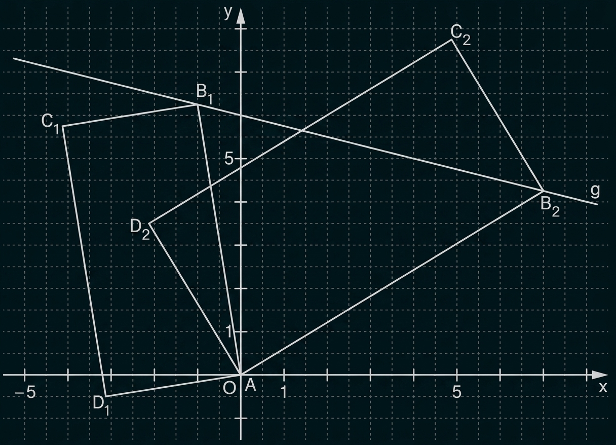 Koordinatensystem mit Gitternetz, Ursprung O, mehrere markierte Punkte (B1,B2,C1,C2,D1,D2), zwei Dreiecke und schräge Linie g.
