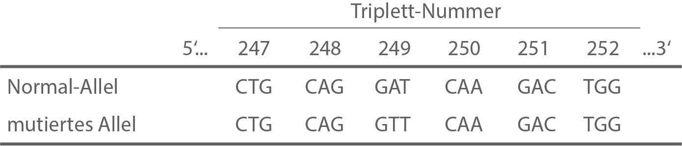 Tabelle mit Triplet-Nummern 247–252, Normal-Allel und mutiertes Allel; Unterschied beim Triplet 249 (GAT → GTT)