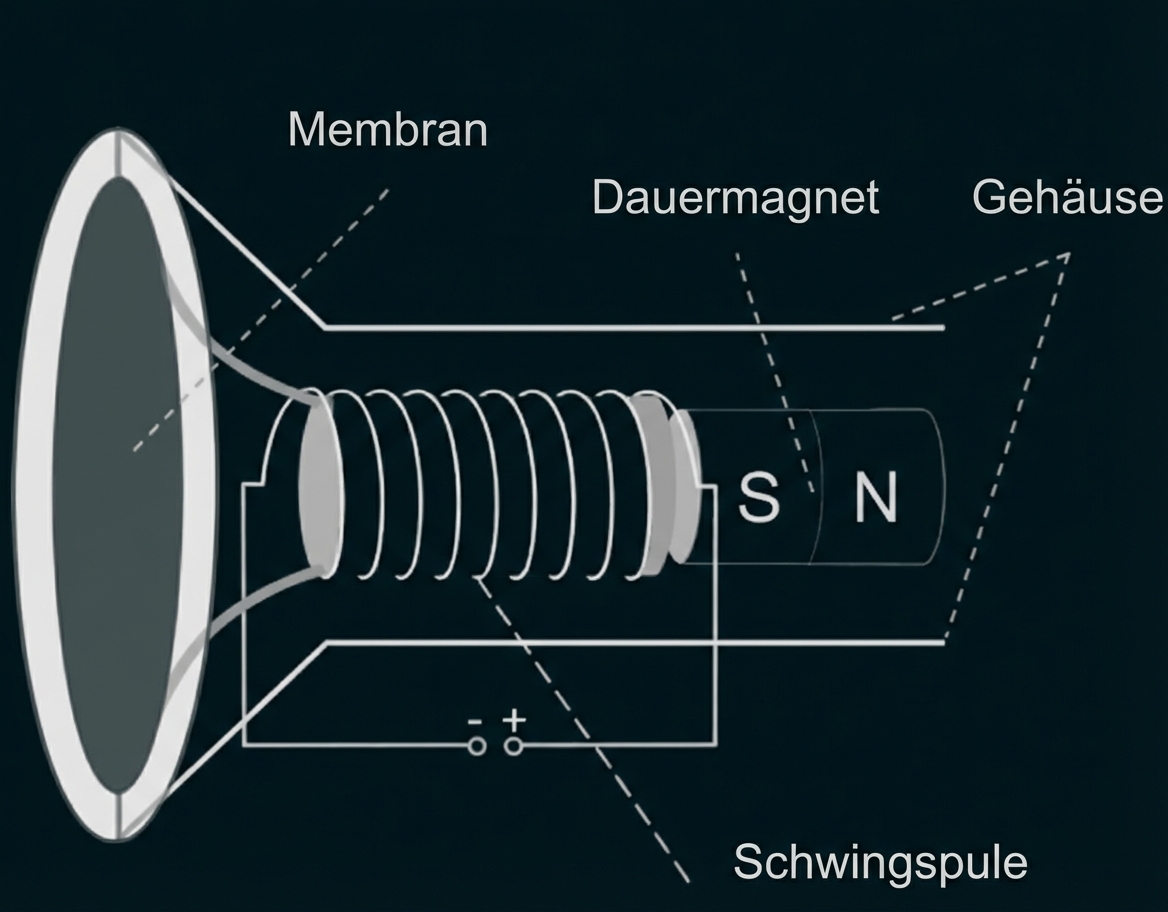 Schematische Darstellung eines Lautsprechers mit Membran, Schwingspule, Dauermagnet und Gehäuse.